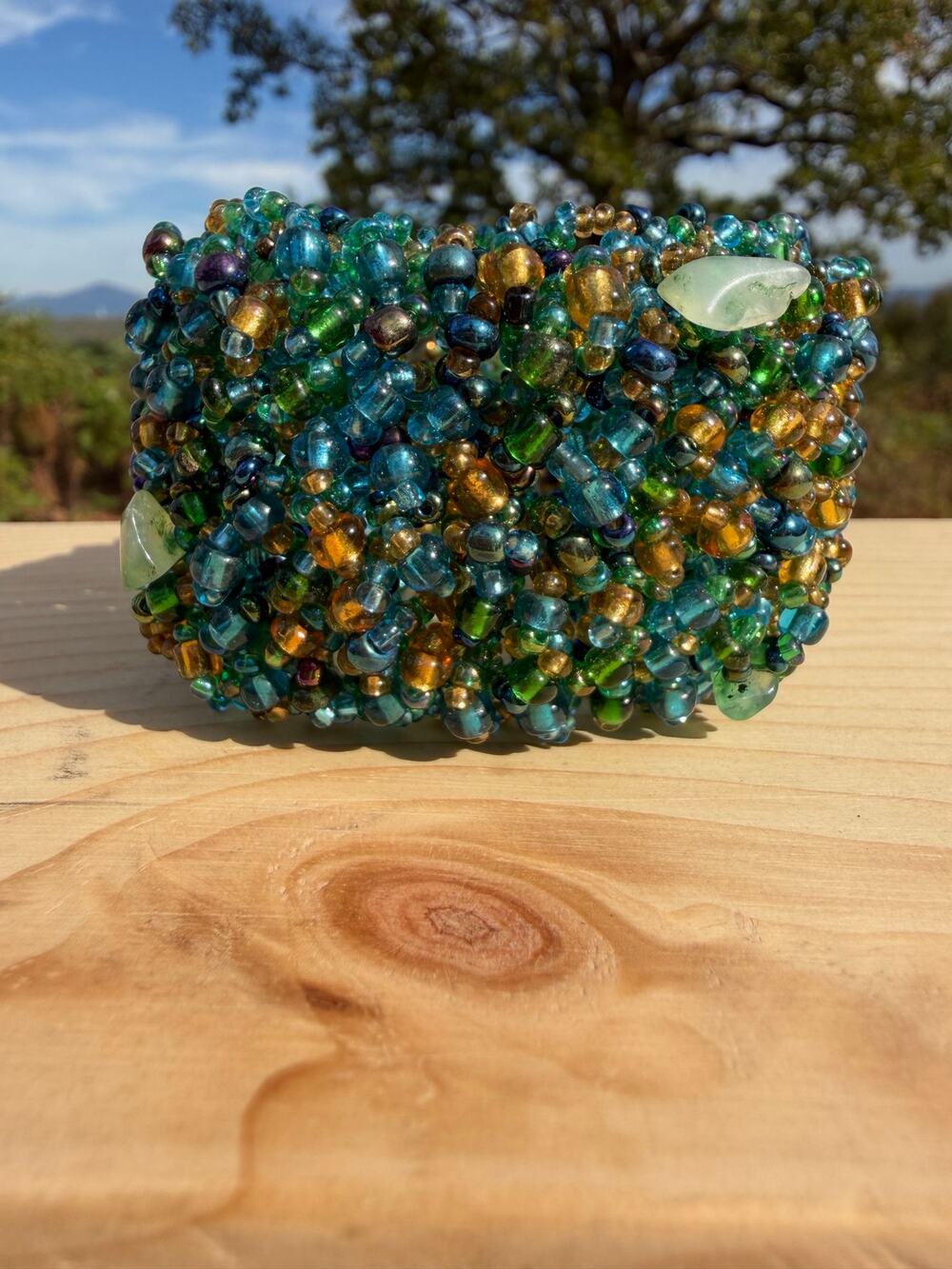 Artisan Handcrafted Peacock Teal Gold Woven Seed Bead Boho Cuff Bracelet